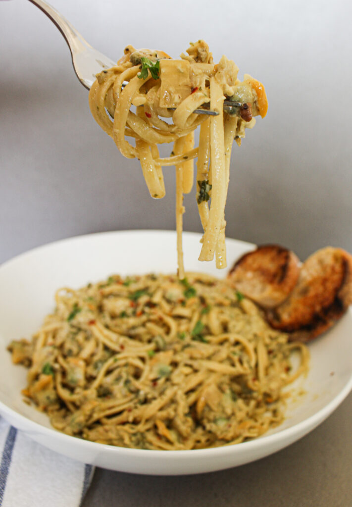 Creamy canned clam pasta with pesto