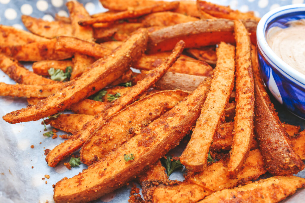 Sweet Potato Fries Coated with Parmesan